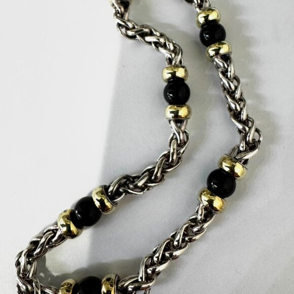 David Yurman Sterling Silver 14k Yellow Gold Bead Onyx Bead Wheat Chain Necklace - Picture 5 of 5